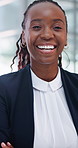 Lawyer, black woman and face with laugh in office for legal council, advocate and representation. Portrait, legislation and confident attorney at law firm agency for court case, hearing or trial