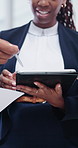 Hands, tablet and woman with manager in office for planning, meeting and update on finance report. Corporate, lobby and business people on tech for financial review, feedback or advice for budget