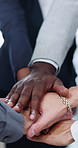 Office, team and business people with hands together in collaboration, support and goals. Stack, mission and group circle with startup achievement, solidarity and celebration of partnership success