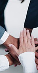Above, team and business people with hands together in collaboration, support and goals. Stack, office and group circle with startup achievement, solidarity and celebration of partnership success