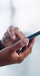 Phone, swipe and hands of businesswoman in office with email for finance report on revenue growth. Tech, communication and financial manager with cellphone on mobile app for stock market investment.