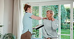 Physiotherapist, tablet and woman in clinic with neck pain, discussion and survey for rehabilitation. Physical therapist, tech and mature person with spine injury, advice and stylus for writing notes
