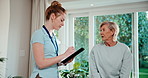 Physiotherapist, writing and tablet with woman for consultation, checkup and advice for back injury. Physical therapist, mature person and talk in clinic with tech, wellness tips and stylus for notes