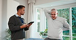Physio, tablet and old man in clinic with stretching, mobility exam and writing report for fitness. Physical therapist, tech and checkup with senior person for wellness, movement or stylus for notes.