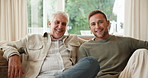 Sofa, face and man with senior dad for bonding, connection and relationship for visit. Family, portrait and happy son with father for talking, support and relax for love, trust and home on weekend