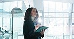 Finance, thinking and business woman on tablet for research, investment choice and planning. Corporate, office lobby and person with stylus, tech and flare for financial report, proposal and solution