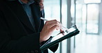 Contract, tablet or hands in office with stylus, funding deal or approval of budget review. Digital, woman or finance advisor with pen, expense allocation or investment agreement in cost management.