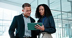 Finance, discussion or team in office with tablet, funding ideas or collaboration with pitch review. Digital, people or investors with tech, budget feedback or proposal plan in partnership briefing.