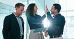 Success, tablet or team in office with high five, portfolio growth or good news on funding pitch. Flare, happy people or finance advisors with tech, budget approval or feedback on investment report.
