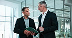 Finance, discussion or men in office with tablet, funding ideas or collaboration with pitch review. Digital, team or investors with tech, budget feedback or proposal plan in partnership briefing.