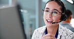 Headset, woman and call center agent in office with crm, help desk or voip system for advisory. Happy, glasses and technical support consultant with mic for customer service, contact us or talking.
