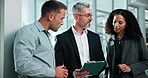 Finance, review or people in firm with tablet, funding ideas or collaboration with pitch discussion. Digital, team or investors with tech, budget feedback or proposal plan in partnership briefing.