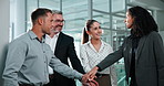 High five, applause and business people with hand stack for agreement, support and goals for finance. Happy, office and workers clapping for feedback, solidarity and partnership for financial agency