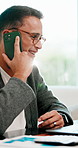 Happy, man and remote work in home office with phone call, financial analyst advice and stats update. Flare, person or freelancer talk in house with tech, contact or data analysis for finance report.