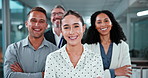 Crossed arms, happy and face of business people in office with confidence for finance career. Smile, leadership and portrait of financial advisors with manager for about us, pride or job opportunity.