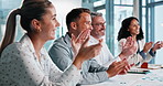 Happy, applause and business people in meeting with success, feedback and financial achievement. Corporate, office and workers celebrate for investment growth, finance review and funding approval