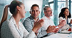 Workshop, applause and business people in meeting with finance success, feedback and celebrate. Corporate, office and workers clapping for investment growth, financial review and proposal approval
