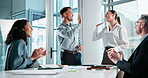 High five, applause and business people in meeting with success, feedback and financial growth. Corporate, office and workers celebrate for investment goals, victory and profit for finance review
