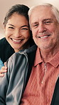 Face, caregiver and senior man with smile for homecare, medical support and happy in retirement home. Portrait, healthcare and nurse with elderly person in house for assisted living, embrace or relax