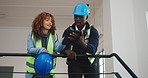 Architect, team and people with tablet, stairs and plan for property development with design on web. Civil engineering, digital blueprint and colleagues with technology, inspection and collaboration