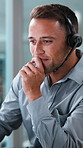 Telemarketing, smile and man with headset, online and planning for lead generation or contemplating. Call center, telemarketer and happy person with mic, thinking and reading script for cold outreach