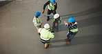 Above, group and excited on construction site for dance, repairs or renovation with space. Celebration, people and civil engineers for maintenance team, remodeling or property development success