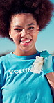 Garbage, woman and face of volunteer on beach for recycle, clean or waste management. Trash bag, smile and portrait of ngo worker by ocean for dirt collection, reduce pollution or community service.