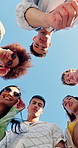 Face, friends and below outdoor for fashion, confidence and style on vacation together. People, diversity and portrait with stylish sunglasses, blue sky and streetwear on holiday with gen z community