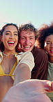 Face, funny and selfie with group of friends outdoor for holiday, travel or vacation in summer. Beachwear, photograph and social media with people laughing in nature for bonding or weekend getaway