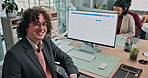 Headset, happy and face of man with computer for financial advice, online consulting and help. Portrait, laugh and person with pc for investment portfolio, customer support and contact us in office