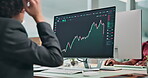 Trading, mistake and man with computer screen in business, shocked or stock market crash on website. Trader, surprised and person with bad financial news, coworking and data analysis with technology