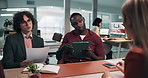 Interview, discussion or people in office with review, evaluation or onboarding in hiring process. Paper, tech or HR team with meeting, candidate assessment or staff recruitment in career opportunity