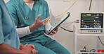 Hospital, recovery and nurse with tablet, hands and explaining test results after surgery or health. People, discussion and medical professional with tech, helping and healthcare report in clinic