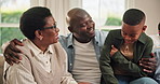 Happy, grandmother and father in home with child, relax and love for bonding together on weekend. Black people, grandparent and dad in living room with son, connection and smile for family wellness.
