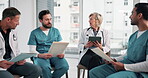 Nurse, meeting and doctors in office with tablet, patient charts and planning for treatment. People, team and talking in hospital with paperwork, medical records and case study for healthcare service