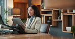 Employee, research and woman with tablet in office, scroll or financial planner with info on website. Corporate, wealth management and mature person with technology, online and planning for project