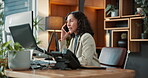 Phone call, discussion and woman with computer in office, online or financial planner with research. Corporate, wealth management and mature person with technology, info and communication with mobile