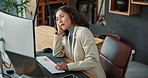 Tired, office and business woman with headache, frustrated and burnout for financial audit. Corporate, computer and person with head pain, migraine and fatigue for pressure, fail and finance crisis