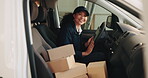 Shipping, face and woman with tablet in delivery van for distribution, supply chain or reliability. Boxes, happy worker and digital app in transport for courier service, package dispatch or logistics