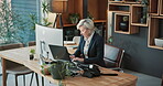 Employee, typing and woman with computer in office, info and financial planner with research on web. Corporate, wealth management and mature person with technology, online and serious for project
