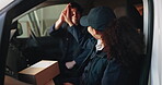 Logistics, team and high five with boxes in delivery van for shipping, order fulfillment or support. Transport, happy people and celebration for courier success, package dispatch and job well done