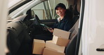 Delivery, face and woman with tablet in van for parcel distribution, ecommerce and supply chain. Boxes, happy worker and tech in transport for courier service, package dispatch and logistics company