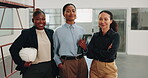 Face, team and happy in office for property development group, tablet and helmet with diversity. Collaboration, women and real estate opportunity with empowerment and contractor for civil engineering