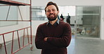 Crossed arms, happy and face of businessman in office with confidence for creative career. Smile, about us and portrait of magazine editor with pride for job opportunity at startup in workplace.