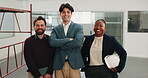 Face, people and happy in office for property development group, smile and helmet with diversity. Collaboration, team and real estate opportunity with inclusion and contractor for civil engineering