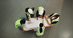 Architect, team and blueprint with above of people for meeting, construction and site survey. Floor plan, engineer feedback and collaboration with employees for building dimension and review