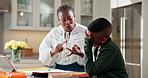 Frustrated, argue and homework with mother and black child for fail, education and support. Project help, notebook and online course with woman and kid in family house for difficult math assignment