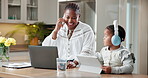 Phone call, multitask and tablet with mother and black child in home for contact, education and support. Project success, help and online class with woman and kid in family house for headphones