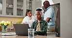 Laptop, elearning and kid with headphones and arguing parents with distraction, learning and home. Child, black family and technology for development, education or adult disagreement in house