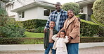 Family, face and black people with happiness by new house, pride and smile with property investment. Parents, children and together outdoor for moving, relocation and support on front lawn in Nigeria